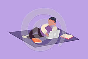 Graphic flat design drawing little boy character lying on floor and typing on laptop keyboard. Cute child using computer and