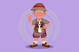 Graphic flat design drawing little boy scout wearing safari outfit complete with hat, carrying bag and draping binoculars.