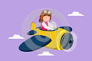 Graphic flat design drawing little girl operating plane. Kids flying in airplane. Happy smiling kid flying plane like real pilot