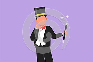 Graphic flat design drawing magician in tuxedo with call me gesture wear hat and holding magic stick ready to entertain audience