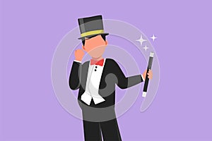 Graphic flat design drawing magician in tuxedo with celebrate gesture wear hat and holds magic stick ready to entertain audience