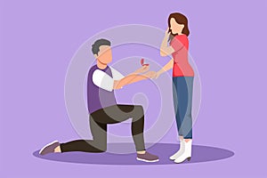 Graphic flat design drawing man kneeling holding engagement ring proposing woman marry him. Happy marriage wedding concept. Guy on