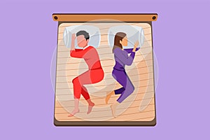 Graphic flat design drawing man and woman sleeping turn their backs on each other on bed. Marriage couple lying back during night