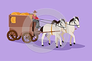 Graphic flat design drawing old wild west horse-drawn carriage with coach. Vintage western transport stagecoach with horses. Retro