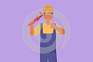 Graphic flat design drawing plumber holding monkey wrench and wear helmet with thumbs up gesture, ready to work on repairing