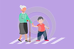 Graphic flat design drawing polite boy help grandmother cross street. Well mannered child assistance to aged woman. Kid and