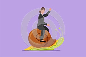 Graphic flat design drawing pretty businesswoman rides snail. Weak competitor. Ineffective manager, bad solution. Slow business