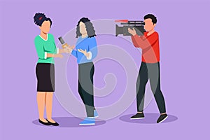 Graphic flat design drawing pretty girl journalist with microphone, interview woman in front of camera. Reporter, cameraman