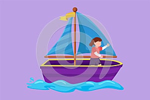 Graphic flat design drawing pretty little girl in sailboat at beach. Happy kids sailing boat at small lake. Children on boat at