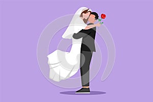 Graphic flat design drawing romantic boy giving rose flower to cute girl wearing wedding dress. Happy couple getting ready for