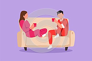 Graphic flat design drawing romantic couple sitting at sofa, talking and drinking coffee. Man and woman living together in cozy