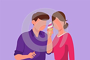 Graphic flat design drawing of romantic couple standing and sharing ice cream cone. Celebrate anniversaries and enjoying fast food