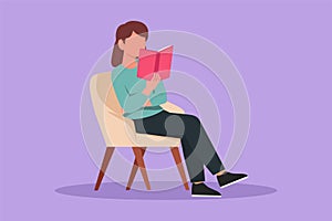 Graphic flat design drawing of smart girl student sitting on chair and reading book in library or bookshop. Woman pupil studying.