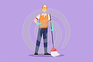 Graphic flat design drawing smiling young male janitor standing in uniform, sweeping floor with broom, professional cleaning, home