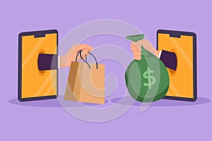 Graphic flat design drawing two hands out of smartphone screen to exchange shopping bags with money bag. Sale, digital payment