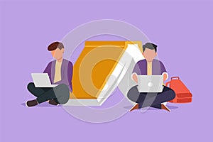 Graphic flat design drawing two young man studying with laptop and leaning on big book. Back to school, smart student sitting and