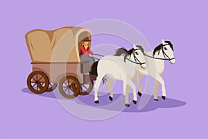 Graphic flat design drawing vintage western stagecoach with horses. Wild west covered wagons and cowboy in desert landscape. Retro