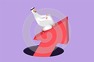 Graphic flat design drawing young Arab businessman standing on big arrows coming out of holes. Male manager leading financial