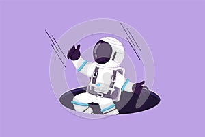 Graphic flat design drawing young astronaut fell into manhole underground sewer in moon surface. Depressed spaceman due to