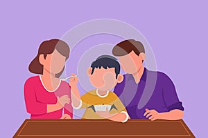 Graphic flat design drawing of young family having breakfast together with cereal and milk in restaurant. Little boy feeds his