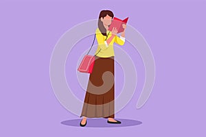 Graphic flat design drawing young lady with short hairstyle, trendy bag holding book. Girl reading function book or schoolbook.