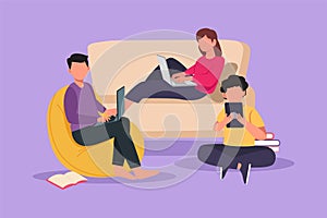 Graphic flat design drawing young man woman using laptop and smartphone or tablet obsessed with devices gadgets, people internet