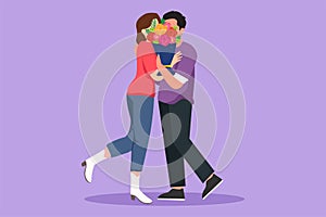 Graphic flat design drawing young romantic couple hugging and kissing each other behind bouquet of flowers. Happy man and cute