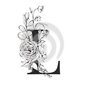 Graphic Floral Alphabet - letter L with black and white flowers bouquet composition