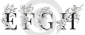 Graphic Floral Alphabet Set - letters E, F, G, H with black & white flowers bouquet composition