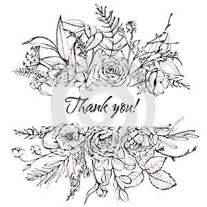 Graphic floral illustration - black & white inked flowers border / frame / header photo