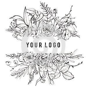 Graphic floral illustration - black & white inked flowers border / frame / headerw