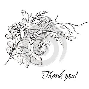 Graphic floral illustration - black & white inked flowers bouquet arrangement