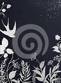 Graphic floral illustration - silver inked flowers frame / border / header with swallow bird on navy textured background