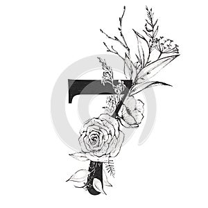 Graphic Floral Numbers - digit 7 with black and white inked flowers bouquet composition