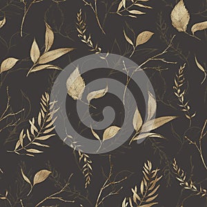 Graphic floral seamless pattern - branches and leaves isolated elements on khaki background