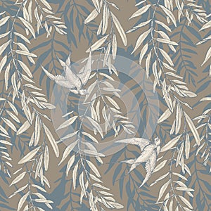 Graphic floral seamless pattern - flower leaves, branches & martlet bird illustration on grey - blue background