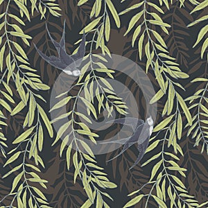 Graphic floral seamless pattern - flower leaves, branches & martlet bird illustration on khaki background