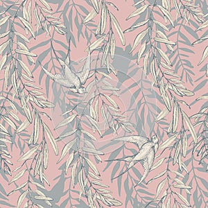 Graphic floral seamless pattern - flower leaves, branches & martlet bird illustration on pink background