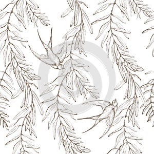 Graphic floral seamless pattern - flower leaves, branches & martlet bird illustration on white background