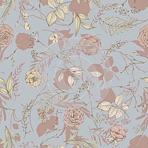 Graphic floral seamless pattern - flowers and leaves isolated elements on grey - blue background