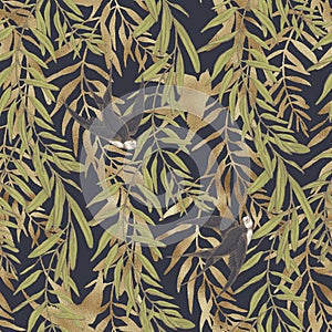 Graphic floral seamless pattern - gold textured flower leaves, branches & martlet bird illustration on khaki background