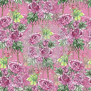 Graphic flowers rose with leaves on pink background.