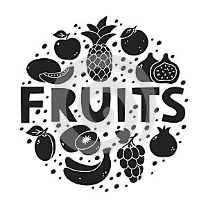 Graphic fruit elements with hand drawn text. Monochrome round illustration. Black silhouette icons, isolated lettering
