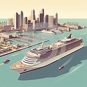 Graphic of a giant cruise ship arriving in the city