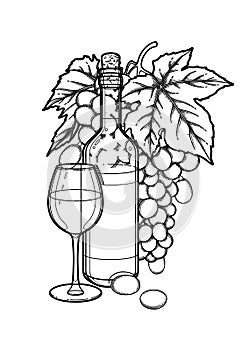 Graphic glass of wine, bottle and bunch of grapes