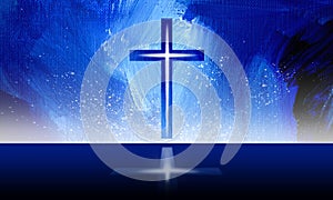 Graphic glowing Christian cross with reflection background