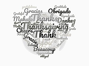 Graphic Grayscale Heart Wordcloud for Thanksgiving thank you gift, gratitude, thanks, love Inspiration in monochrome black-white