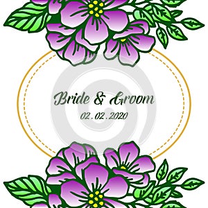 Graphic green leaves and purple wreath frame, for style design of card bride and groom. Vector