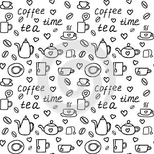 Graphic hand drawn seamless pattern of elements on theme of coffee and tea