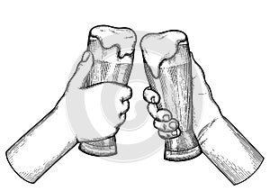 Graphic hands with mugs of beer